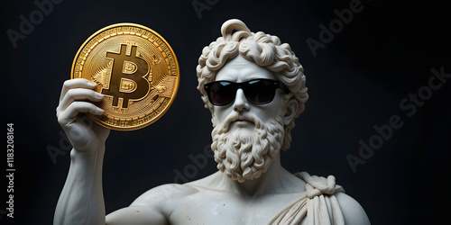 Greek marble statue holding a bitcoin, adorned with a black sun glasses, dark background 
