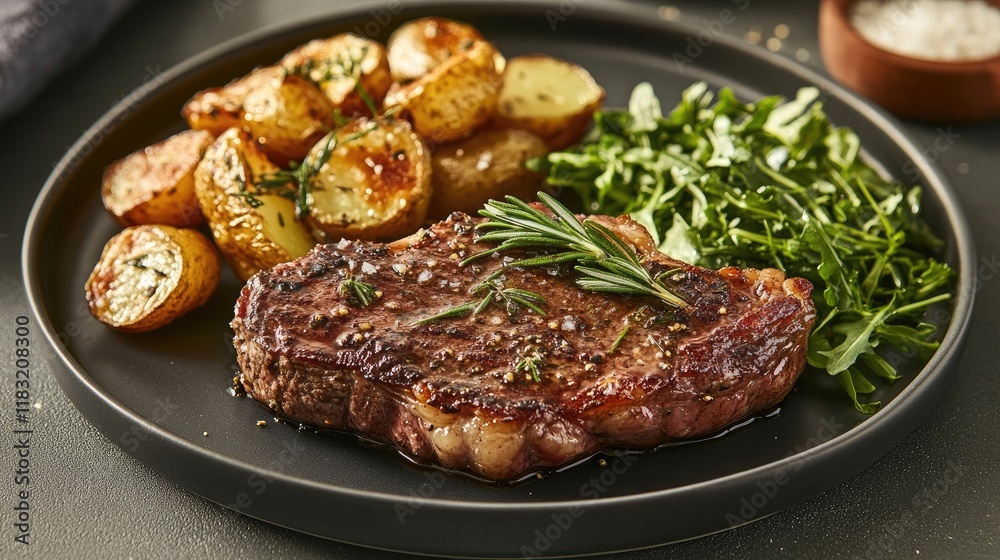 A steak topped with a flavorful sauce and garnished with fresh rosemary, served with roasted potatoes and greens. A steak topped with a flavorful sauce and garnished with fresh rosemary, served with roasted potatoes and greens.