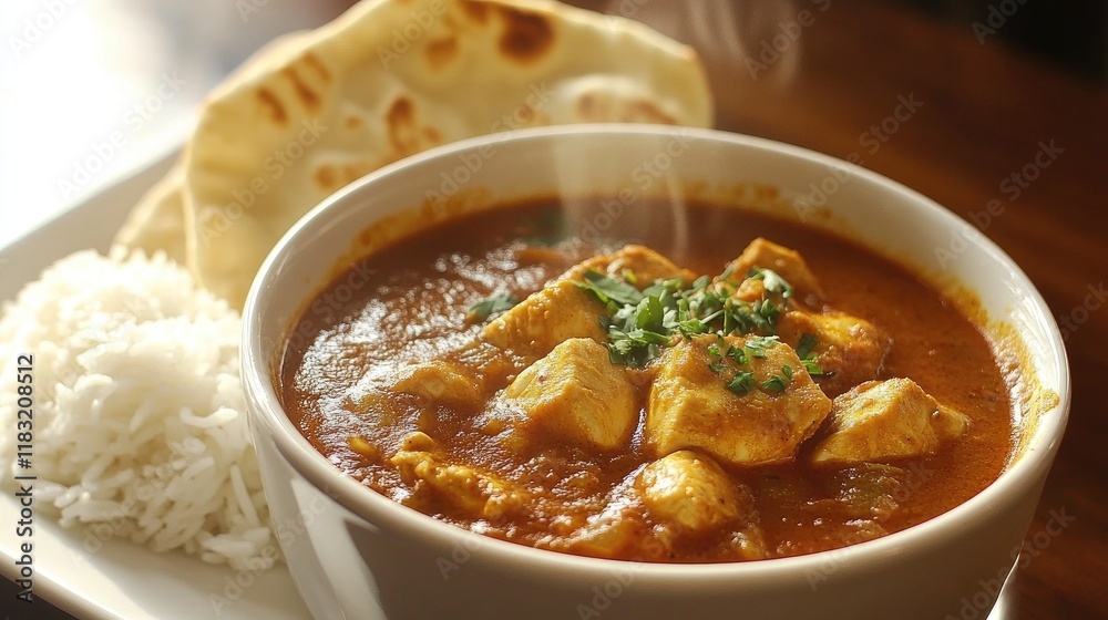 A steaming bowl of hot, aromatic chicken curry served with fluffy basmati rice and naan bread on the side. A steaming bowl of hot, aromatic chicken curry served with fluffy basmati rice and naan bread on the side.