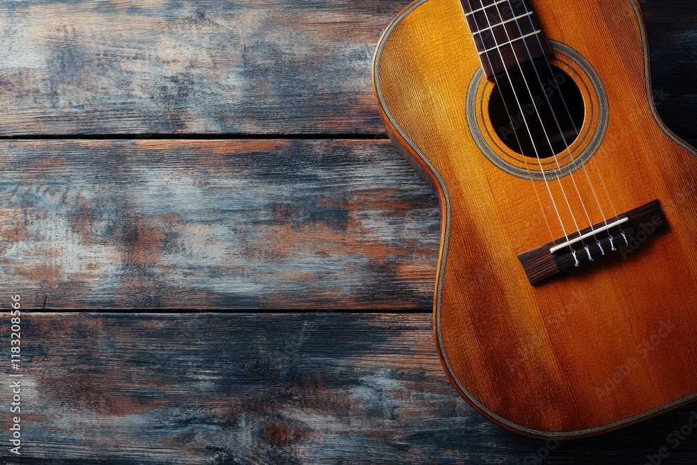 Fototapeta premium Acoustic Guitar Resting on Rustic Wooden Surface