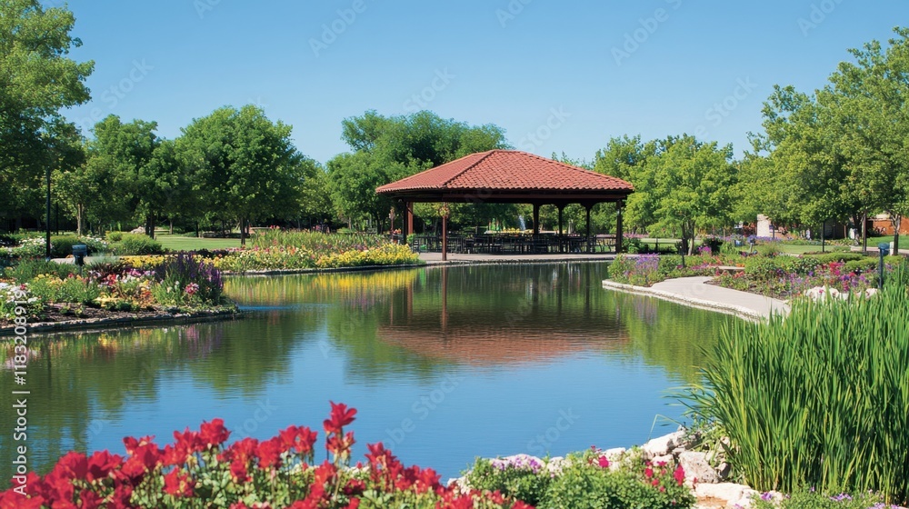 Obraz premium A tranquil pond at Flora Park reflecting the vivid colors of surrounding blooms in its clear waters.