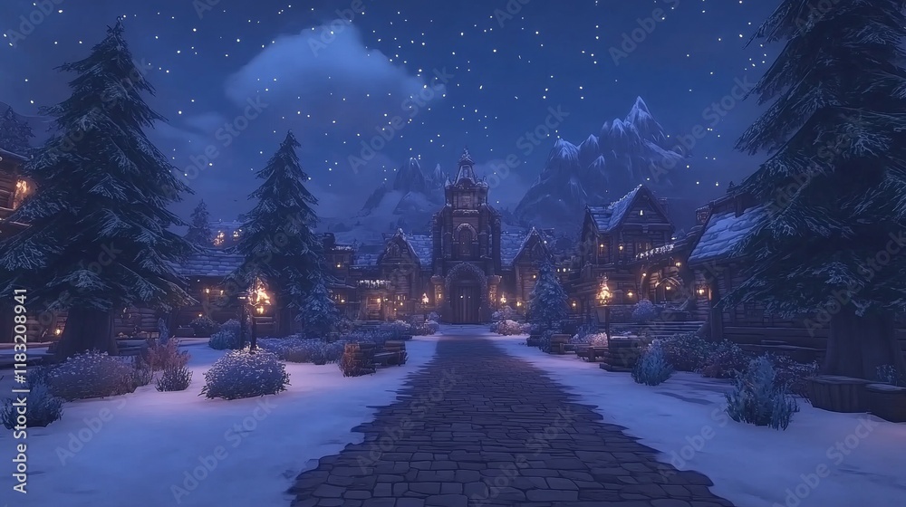 Fototapeta premium Winter Village Night Scene Snowy Cobblestone Street