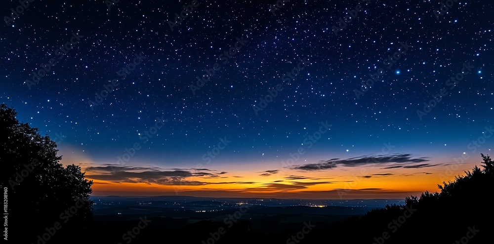 Fototapeta premium Starry Night Landscape: Serene Sunset and Distant Lights