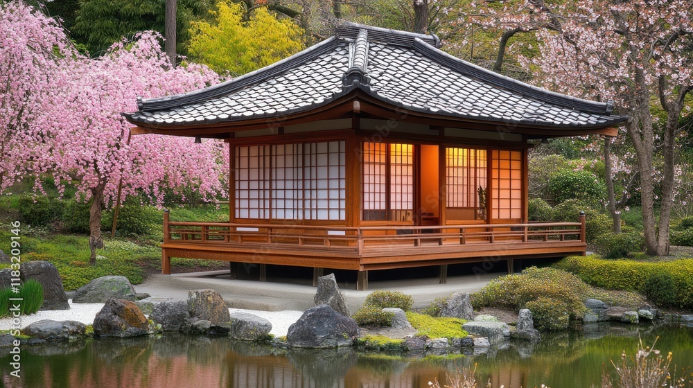 Traditional Japanese wooden house, with a tiled roof, shoji screens, small rock garden, cherry blossoms blooming nearby Traditional Japanese wooden house, with a tiled roof, shoji screens, small rock garden, cherry blossoms blooming nearby