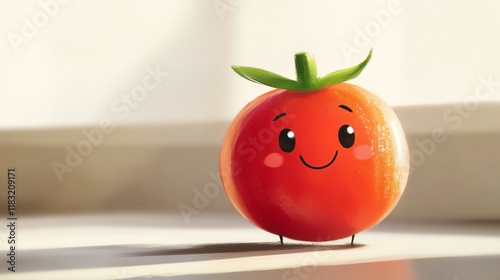 a 2D cartoon illustration of a cute smiling tomato, fresh and vibrant, white background--ar 16:9