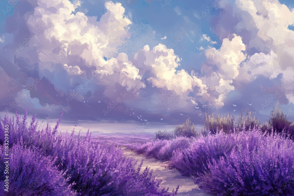 Obraz premium Lavender fields stretch under a sky filled with fluffy clouds and the gentle beauty of a serene landscape at dusk