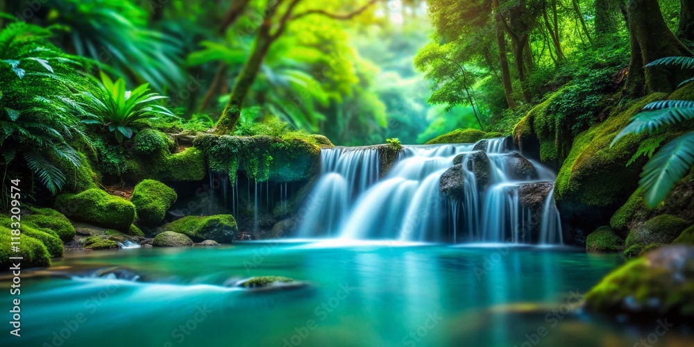 Miniature Tropical Waterfall, Turquoise Cascade in Lush Rainforest, Tilt-Shift Photography Miniature Tropical Waterfall, Turquoise Cascade in Lush Rainforest, Tilt-Shift Photography
