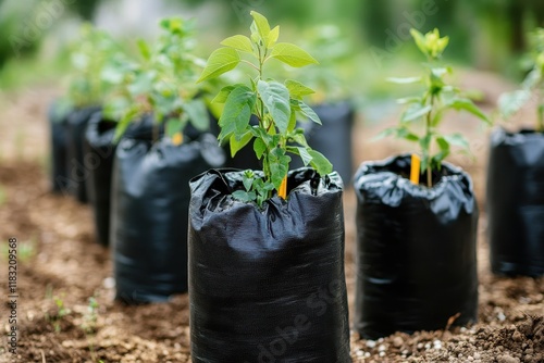 Saplings in black pots, outdoor nursery, green background, reforestation