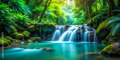 Miniature Tropical Waterfall, Turquoise Cascade in Lush Rainforest, Tilt-Shift Photography