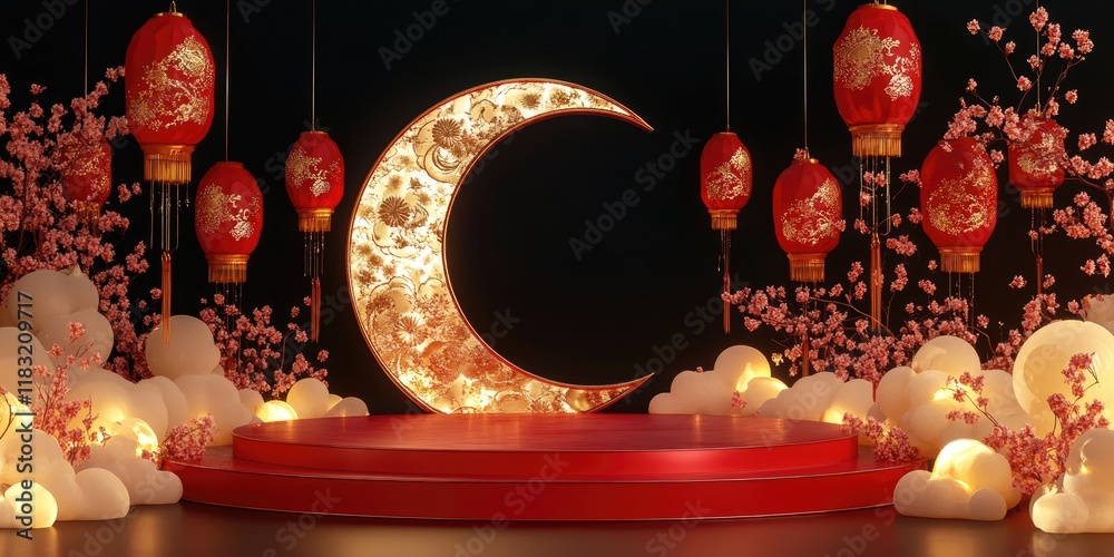 Naklejka premium Festive Lunar New Year Stage Design With Lanterns And Blossoms