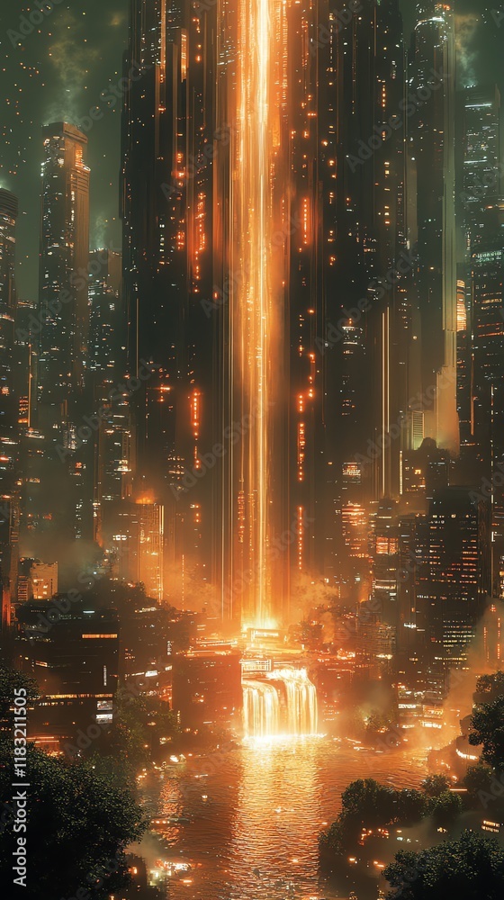 Fototapeta premium Futuristic Cityscape: Golden Cascade and Illuminated Towers