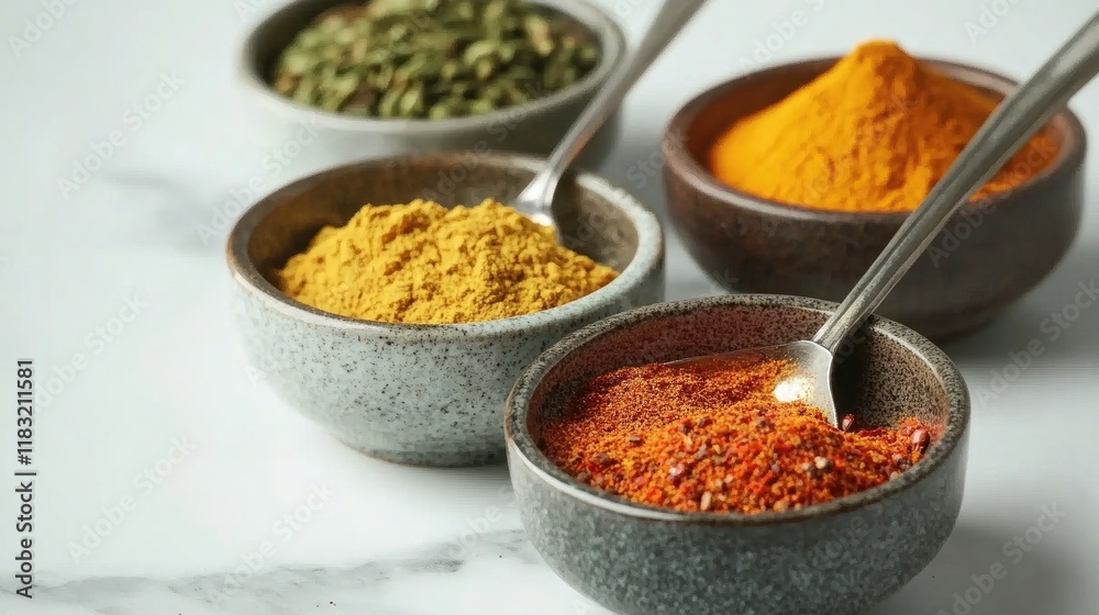 A variety of colorful spice powders in small bowls, including turmeric, curry powder, and chili powder, with a spoon resting inside. A variety of colorful spice powders in small bowls, including turmeric, curry powder, and chili powder, with a spoon resting inside.