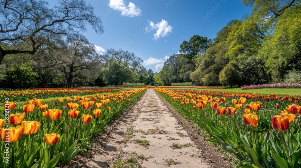 Fototapeta premium A wide-angle shot of Flora Park's flower beds, with rows of colorful blooms stretching to the horizon.