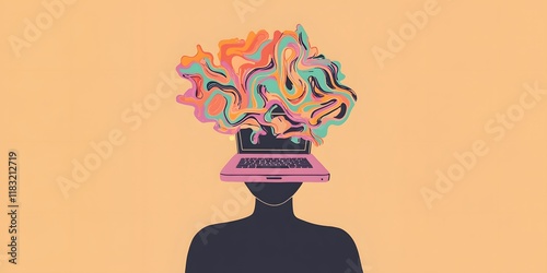 Illustration of tired brain due to mental exhaustion. Multitasking, constant consumption of online content leads to disorder, chaos, depression, mental health disorders