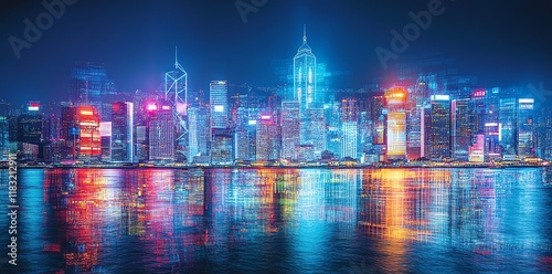 Neon Hong Kong Skyline: Vibrant Nightscape in Electric Hues