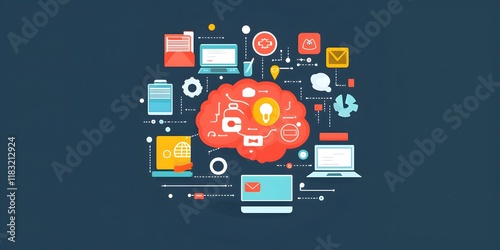 Illustration of tired brain due to mental exhaustion. Multitasking, constant consumption of online content leads to disorder, chaos, depression, mental health disorders