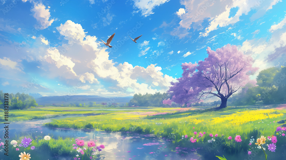 Obraz premium 春の青空と満開の桜、彩り豊かな花々が広がる田園風景