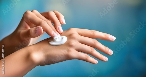 Primer plano de un par de manos jovenes untando crema corporal en la piel suave