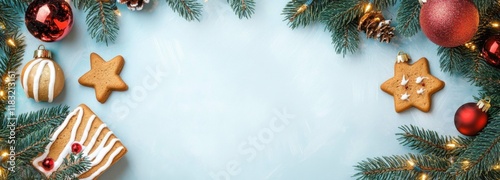 Christmas background with spruce branches- dacoration and  Christmas treat photo