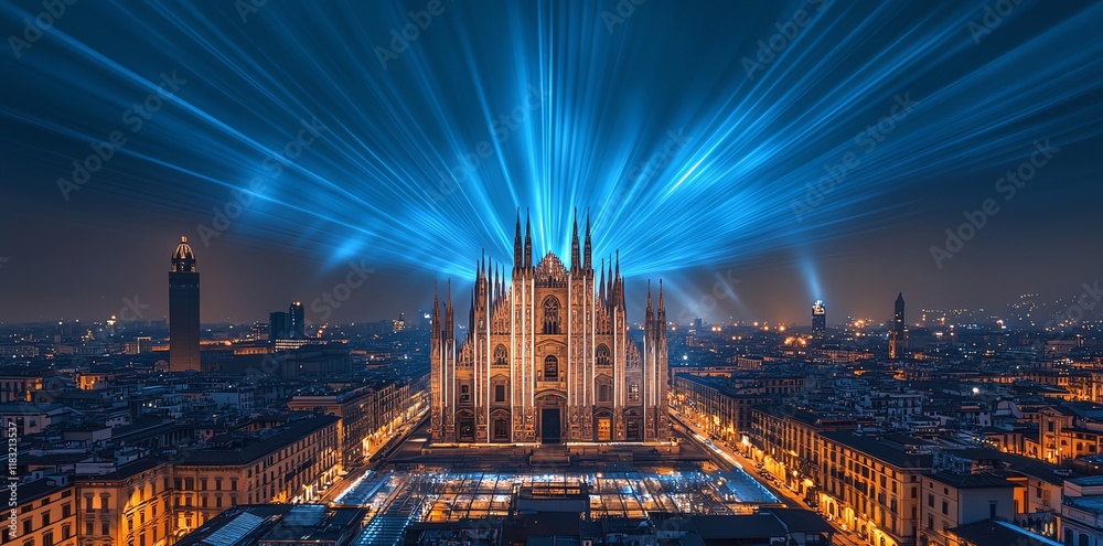 Fototapeta premium Milan Cathedral: Night Lightscape, Architectural Majesty, Vibrant Blue Radiance