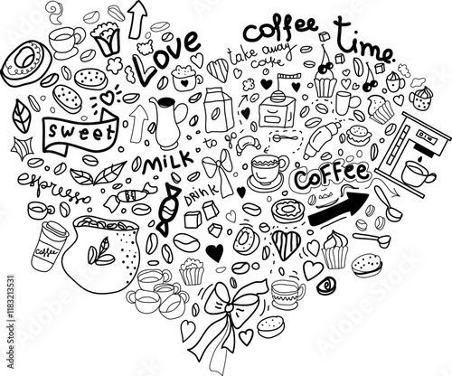 set of hand drawn illustrations of coffee shop doodle for various designs	
