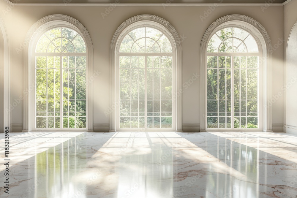 Fototapeta premium Bright and spacious room with large arched windows overlooking a garden at midday