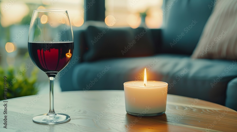 A romantic setting featuring a glass of red wine beside a lit candle on a wooden table, perfect for a cozy evening indoors. A romantic setting featuring a glass of red wine beside a lit candle on a wooden table, perfect for a cozy evening indoors.