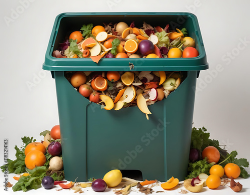 A compost bin with visible fruit peels and vegetable scraps, isolated on a white background. photo