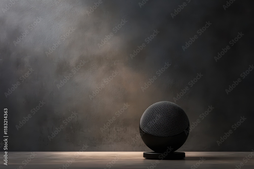 Unique black microphone on a minimalistic table with a textured background illuminated softly Unique black microphone on a minimalistic table with a textured background illuminated softly