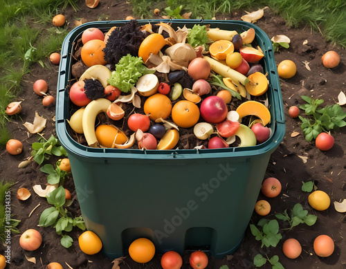 A compost bin with visible fruit peels and vegetable scraps, isolated on a white background. photo