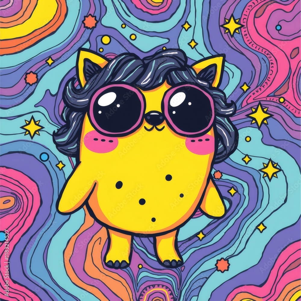 Yellow cartoon monster with pink sunglasses on a swirl background. Yellow cartoon monster with pink sunglasses on a swirl background.