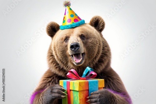 Happy brown bear wearing a party hat holds a gift.