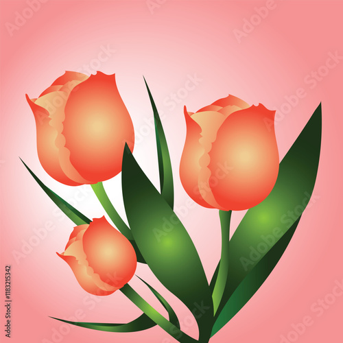 This is a digital illustration of tulip flowers, showcasing a cluster of three blooming tulips with a smooth gradient of warm coral and peach tones.Isolated with gradient backgroubnd ,Eps 10.
