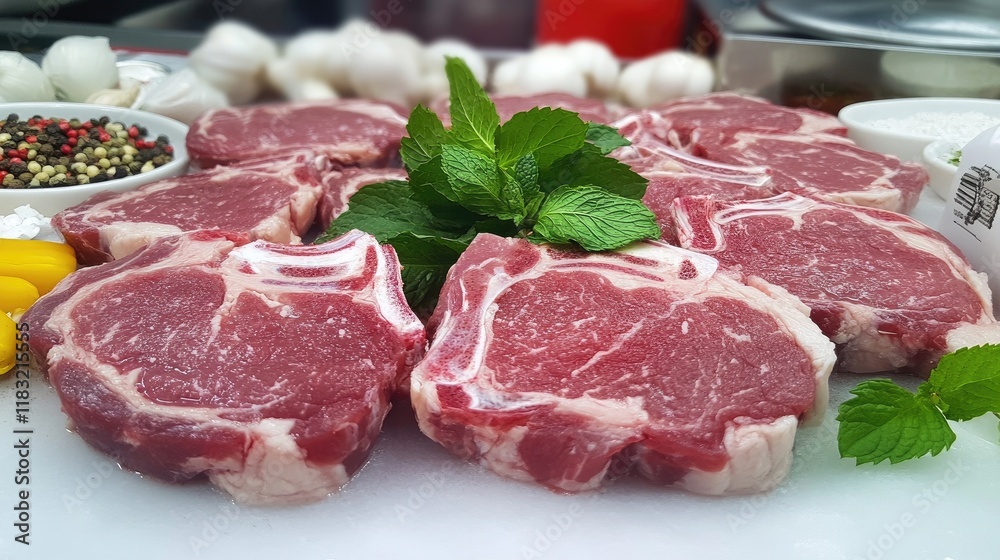 Fresh slices of raw lamb chops on a butcher's counter, garnished with fresh mint leaves and surrounded by seasonings. Fresh slices of raw lamb chops on a butcher's counter, garnished with fresh mint leaves and surrounded by seasonings.