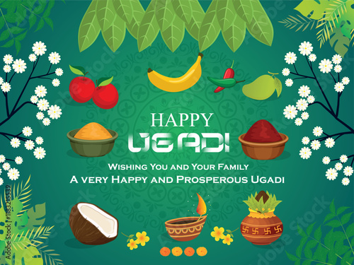 Happy Ugadi New Year festival. holiday celebrated by the inhabitants of Karnataka and Andhra Pradesh. abstract vector illustration graphic design.all layers are single for any coustomization .Eps 10
