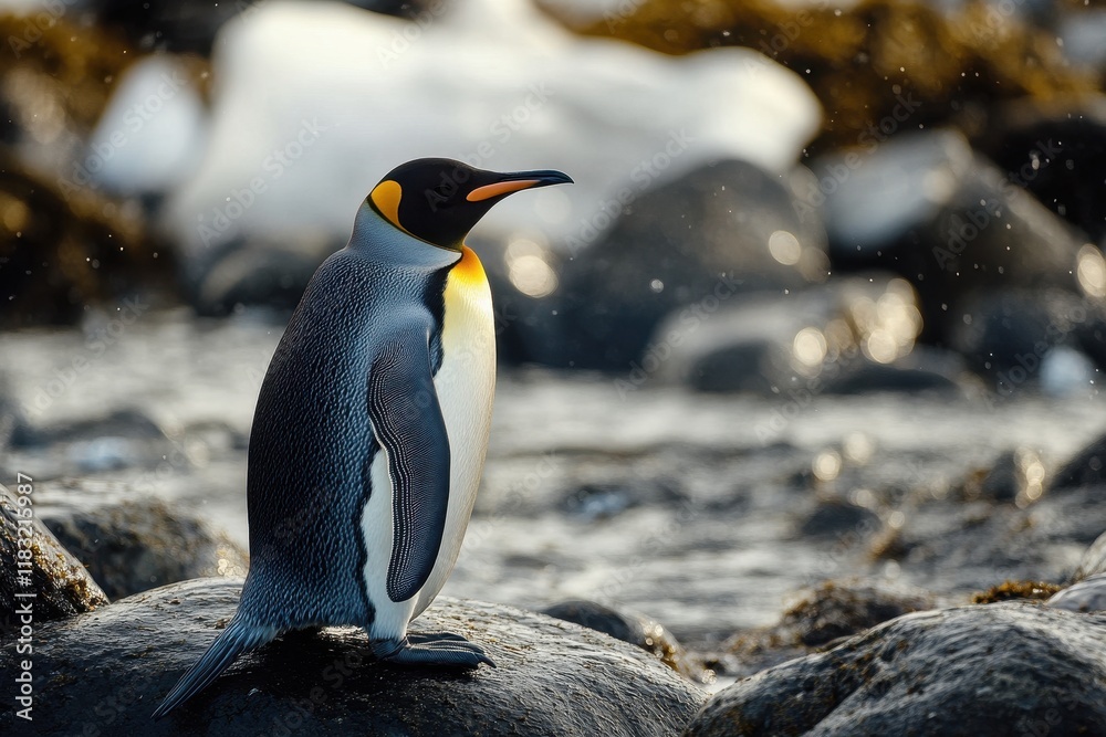Fototapeta premium Majestic king penguin standing on rocky shore under soft sunlight near icy waters