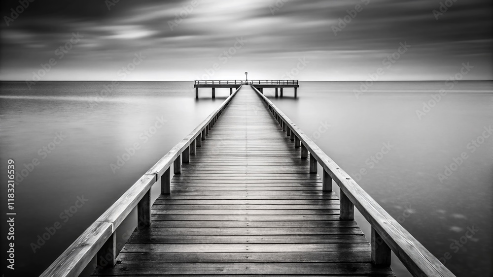 Minimalist Black and White Ocean Pier Stock Photo: Serene Seascape Minimalist Black and White Ocean Pier Stock Photo: Serene Seascape