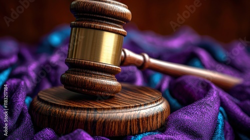 A wooden judge's gavel on top of a pile of purple  