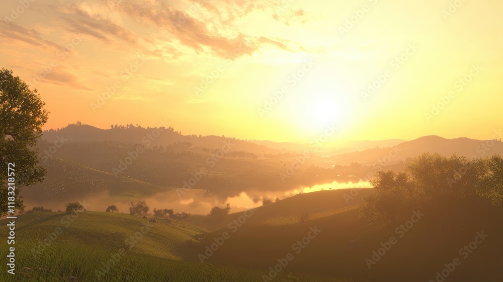 Golden Sunset Over Rolling Hills and Serene Lake Golden Sunset Over Rolling Hills and Serene Lake