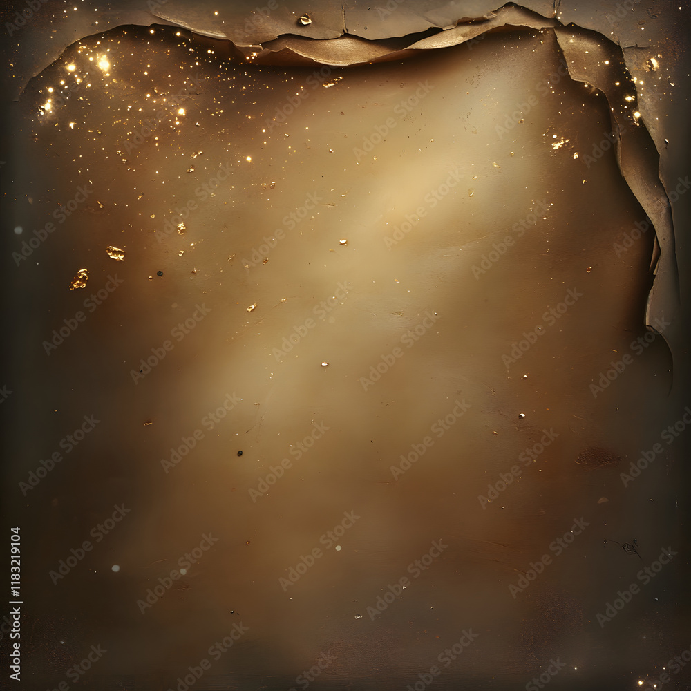Fototapeta premium Glittering gold particles swirl in textured, warm background, creating captivating visual effect