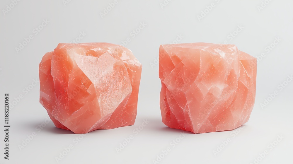 Two chunks of pink Himalayan salt showcase their natural crystal formations against a light background. Two chunks of pink Himalayan salt showcase their natural crystal formations against a light background.