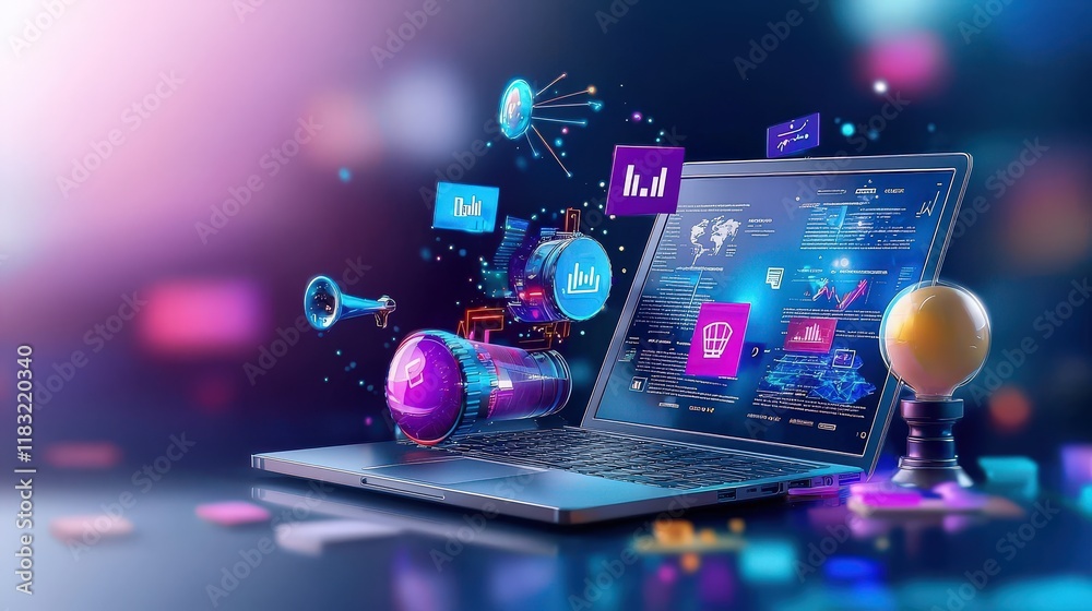 Fototapeta premium A minimalist layout with soft-toned marketing tools around a laptop screen, highlighting online advertising strategies in a new style