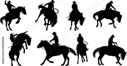 vector set of Cowboy rodeo set wild horses. Vector rodeo silhouette of cowboy riding wild horses isolated on white for design
