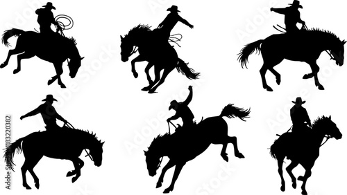 vector set of Cowboy rodeo set wild horses. Vector rodeo silhouette of cowboy riding wild horses isolated on white for design
