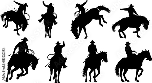 vector set of Cowboy rodeo set wild horses. Vector rodeo silhouette of cowboy riding wild horses isolated on white for design
