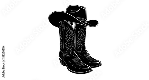 Cowboy boots and western hat. Vector graphic hand drawn illustration rodeo cowboy clothes isolated on white for print or design
