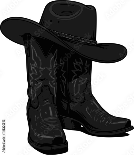 Cowboy boots and western hat. Vector graphic hand drawn illustration rodeo cowboy clothes isolated on white for print or design
