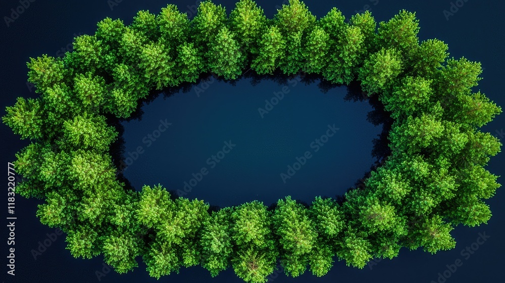 Lush green trees encircle a dark blue oval pond Lush green trees encircle a dark blue oval pond