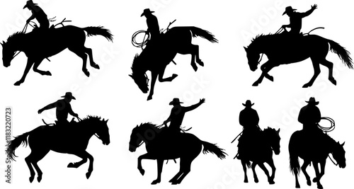 vector set of Cowboy rodeo set wild horses. Vector rodeo silhouette of cowboy riding wild horses isolated on white for design
