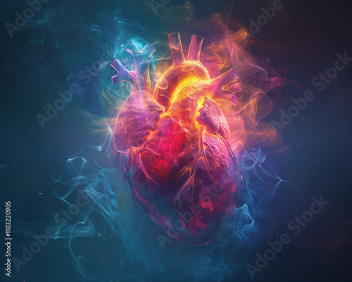 Colorful Heart Made of Smoke on Black Background in Fantasy Art Style Glowing with Bright Colors